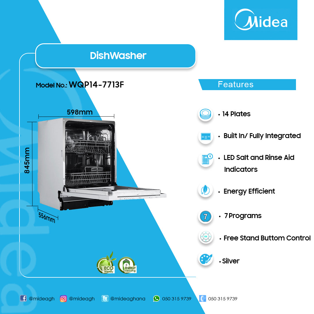 Midea 14 Place Setting Semi-Integrated Built-In Dishwasher – Model WQP14-7713F