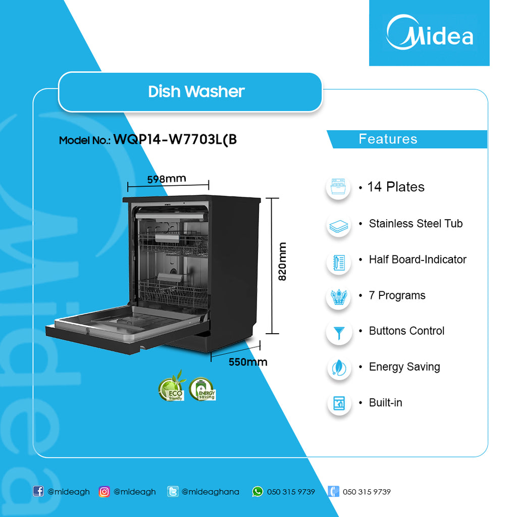 Midea 14 Place Setting Semi-Integrated Built-In Dishwasher – Model WQP14-W7703L(B)