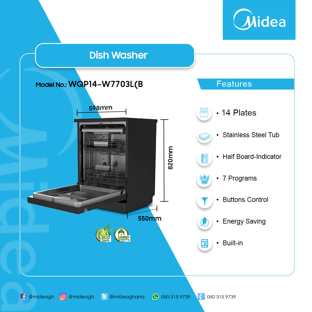 Midea 14 Place Setting Semi-Integrated Built-In Dishwasher – Model WQP14-W7703L(B)