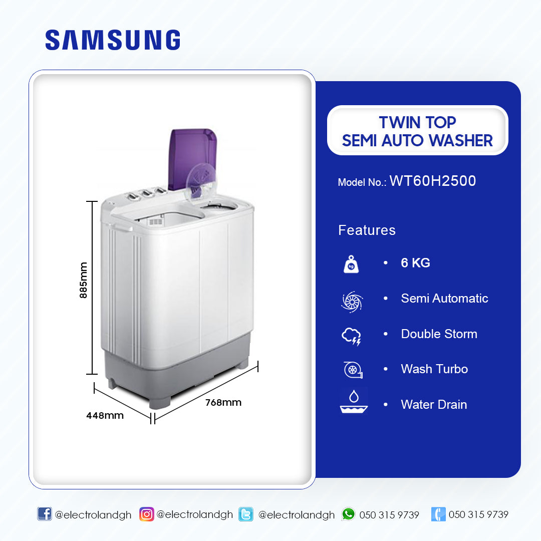 Samsung 6 kg Twin Tub Semi-Automatic Washing Machine – Model WT60H2500