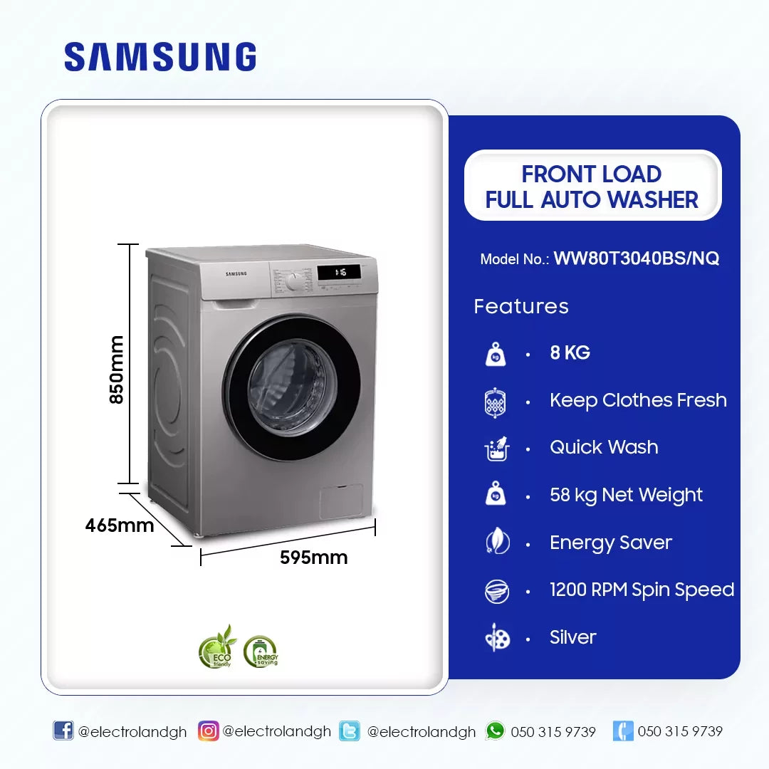 Samsung 8 kg Digital Inverter Front Load Washing Machine – Model WW80T3040BS/NQ